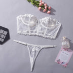 Carsine See-through embroidered tube top sexy lingerie 2 piece set G string Thong White / S