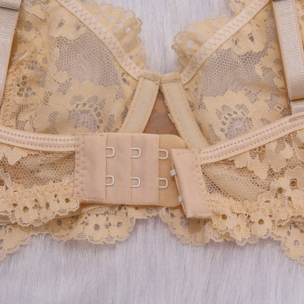 Carsine Gold Lace suspenders gathered sexy lingerie 2 Pcs set Gold / XS