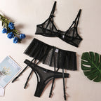 Sexy lingerie three piece set with skirt G string Thong