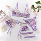 Carsine Embroidered sexy lingerie four-piece set G string Thong Purple / S