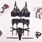 Carsine Lace garter sexy lingerie four piece set G string Thong Black / S