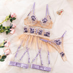Carsine Purple Embroidered Sexy Lingerie Four-Piece Set with Skirt G string Thong Purple / S
