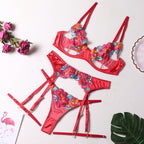 Embroidered bra with leg circumference sexy underwear four-piece set G string Thong