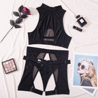 Carsine Halter Neck Sexy Lingerie Three-piece Set G string Thong Black / S