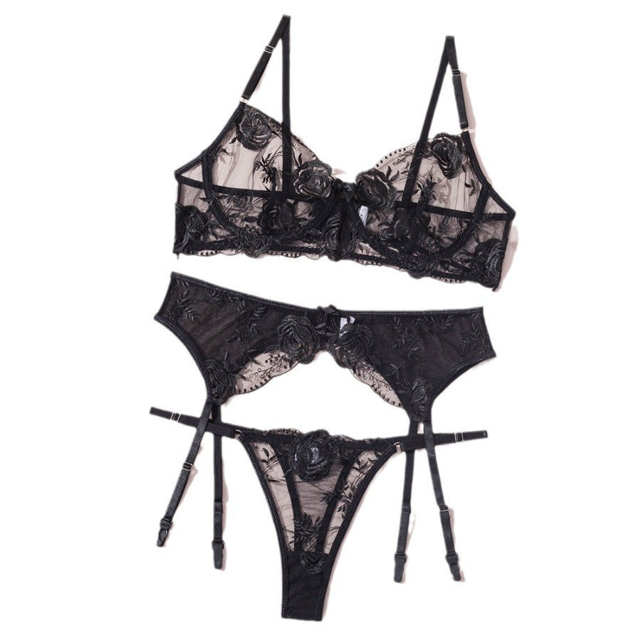 Carsine See-through embroidered flower sexy lingerie three-piece set G string Thong Black / S