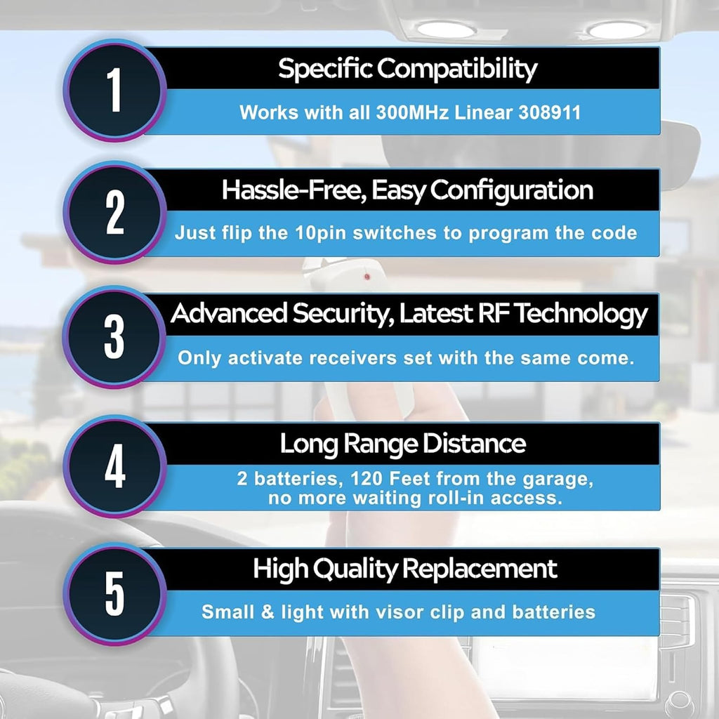 Carsine Multicode Linear 308911, 10 dip Switch Gate Opener Remote 300MHz, Multi Code Garage Door Opener Remote, Garage Clicker Replacement White / 1 PCS