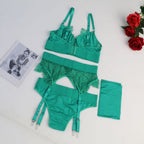 Sexy Dessous-Set mit Strumpfhaltern und Wimpernspitze, 4-teilig