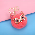 Carsine Kawaii Owl Cat Faux Fur Pom Pom Keychain Light red