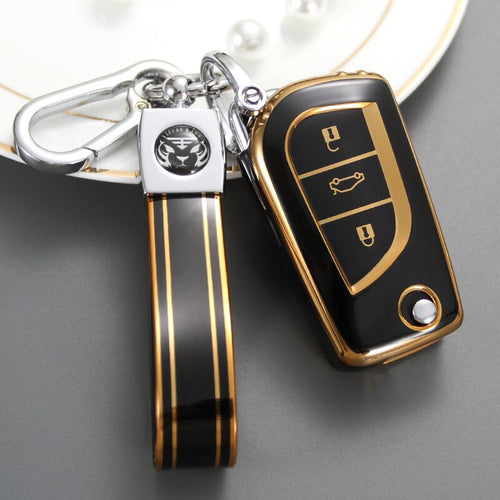 Carsine Toyota Scion Car Key Case Golden Edge 3 Buttons / Black / Key case + strap